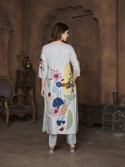 FlexFeb Graceful Grey Floral Stitched Dress Suit Set Printed Top Bottom with Dupatta