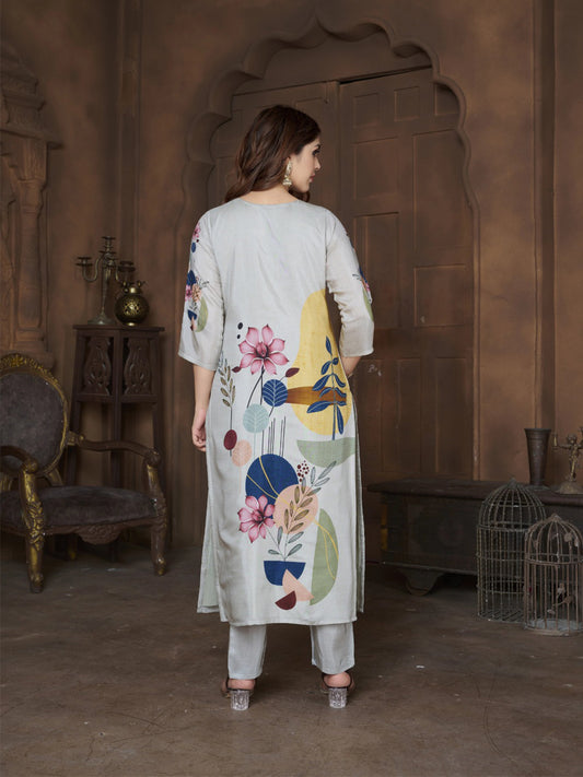FlexFeb Graceful Grey Floral Stitched Dress Suit Set Printed Top Bottom with Dupatta