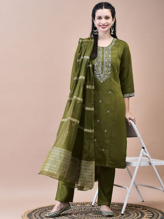 FlexFeb Olive Green Embroidered Stitched Dress Suit Set Top Bottom Dupatta