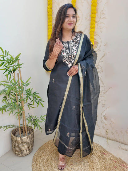 FlexFeb Elegant Black Embroidered Stitched Dress Suit Set Top Bottom Dupatta