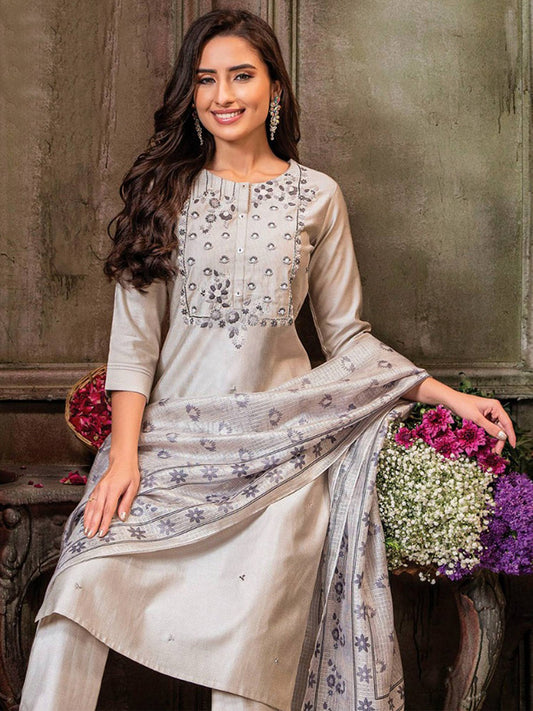 FlexFeb Ivory Mirror Embellished Stitched Dress Suit Set Top Bottom Dupatta