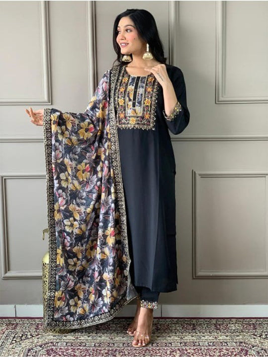 FlexFeb Elegant Black Embroidered Stitched Dress Suit Set with Floral Dupatta Top Bottom