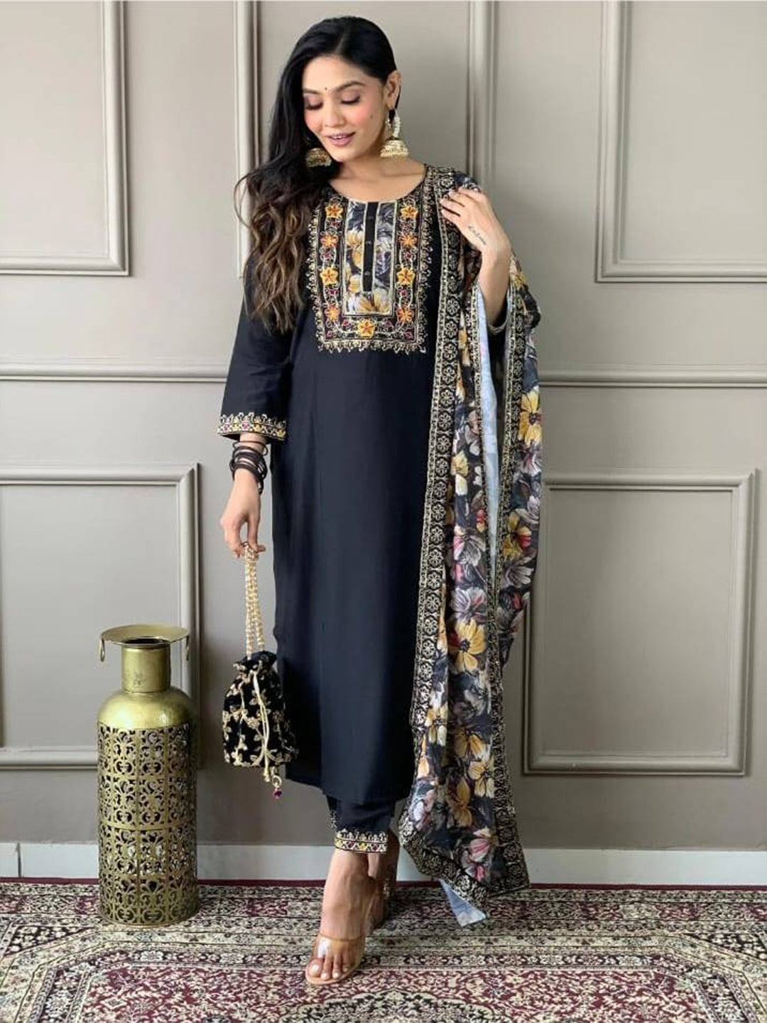 FlexFeb Elegant Black Embroidered Stitched Dress Suit Set with Floral Dupatta Top Bottom