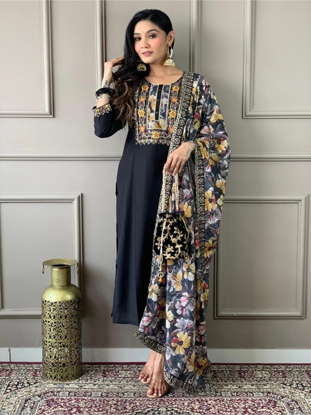FlexFeb Elegant Black Embroidered Stitched Dress Suit Set with Floral Dupatta Top Bottom