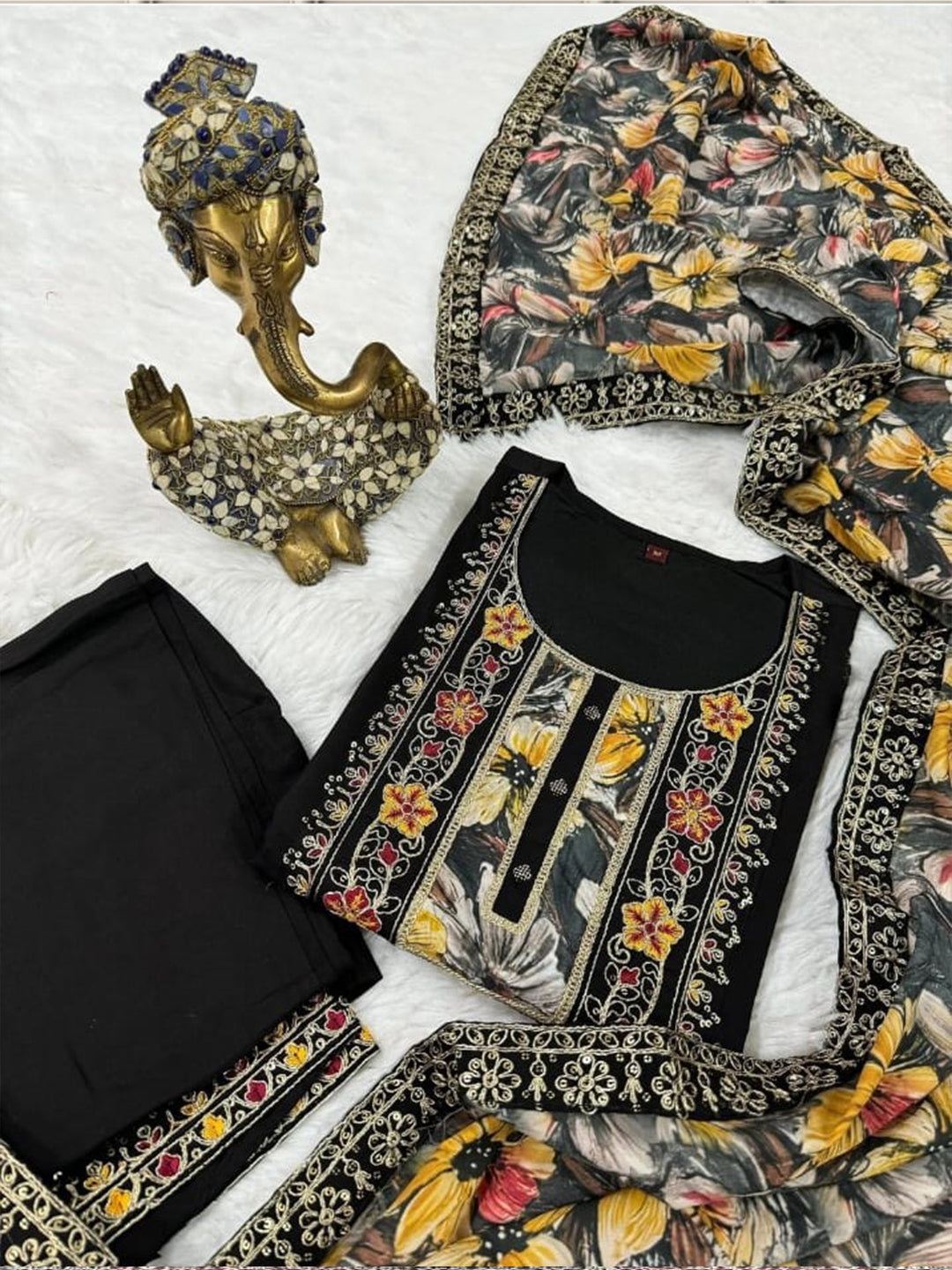 FlexFeb Elegant Black Embroidered Stitched Dress Suit Set with Floral Dupatta Top Bottom