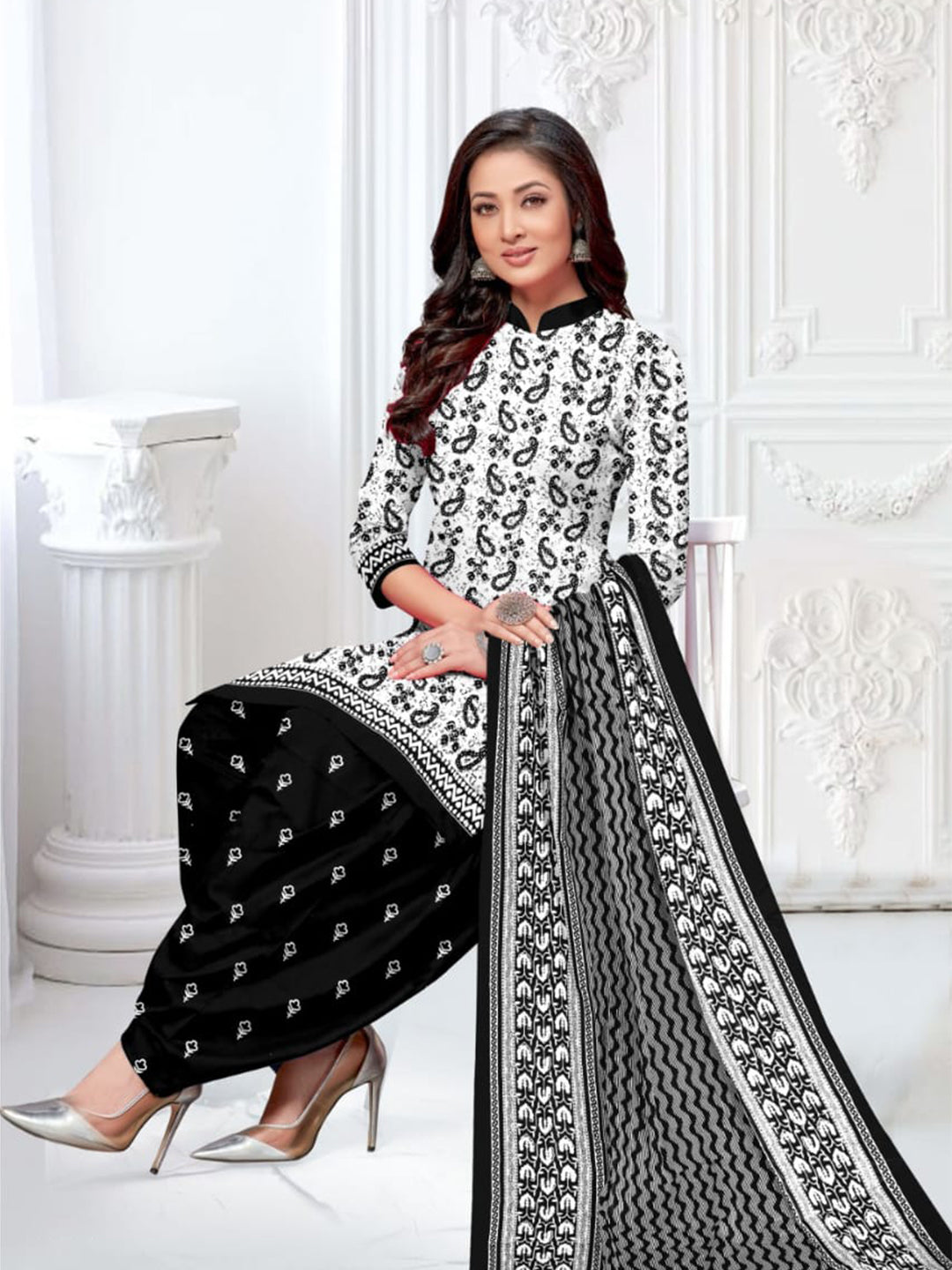 FlexFeb Dress Material 3 Piece Cotton Printed Unstitched Top Bottom Dupatta Black and White Design