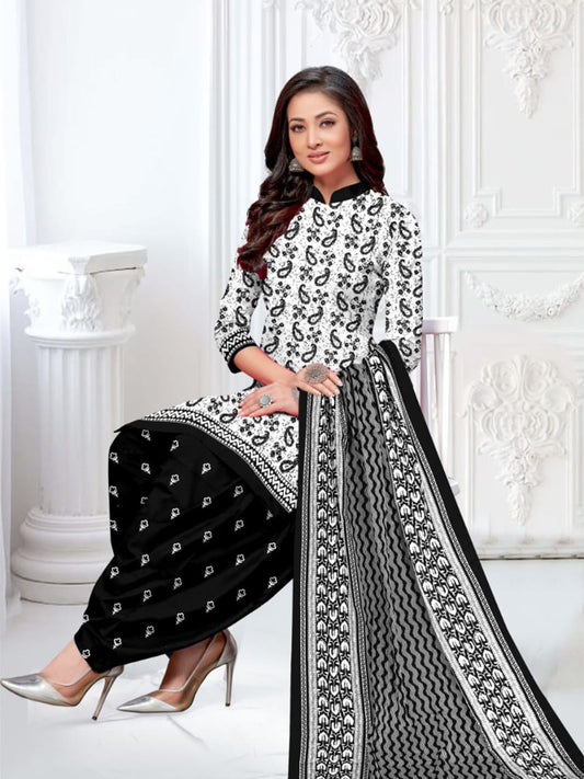 FlexFeb Dress Material 3 Piece Cotton Printed Unstitched Top Bottom Dupatta Black and White Design