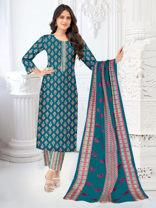FlexFeb Dress Material 3 Piece Cotton Printed Unstitched Top Bottom Dupatta Venice Blue Design