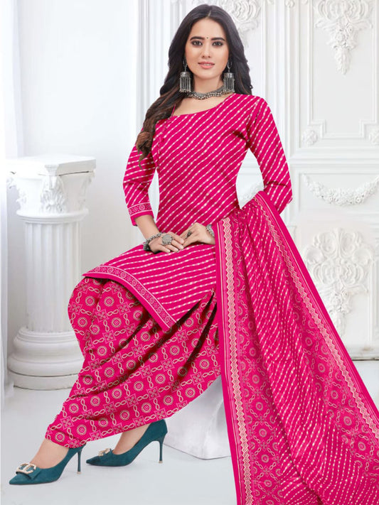 FlexFeb Dress Material 3 Piece Cotton Printed Unstitched Top Bottom Dupatta Pink Design