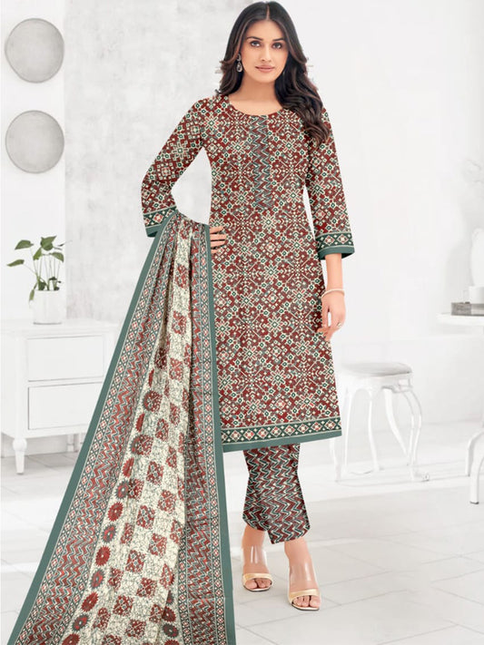 FlexFeb Dress Material 3 Piece Cotton Printed Unstitched Top Bottom Dupatta Brown and Green Ironstone Rust Design