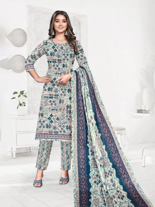 FlexFeb Dress Material 3 Piece Cotton Printed Unstitched Top Bottom Dupatta Light Grey Design