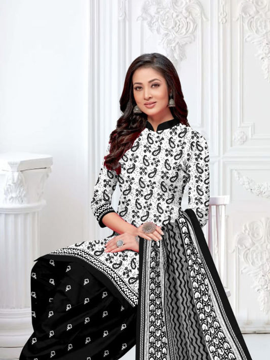 FlexFeb Dress Material 3 Piece Cotton Printed Unstitched Top Bottom Dupatta Black and White Design