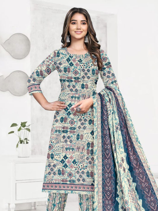 FlexFeb Dress Material 3 Piece Cotton Printed Unstitched Top Bottom Dupatta Light Grey Design