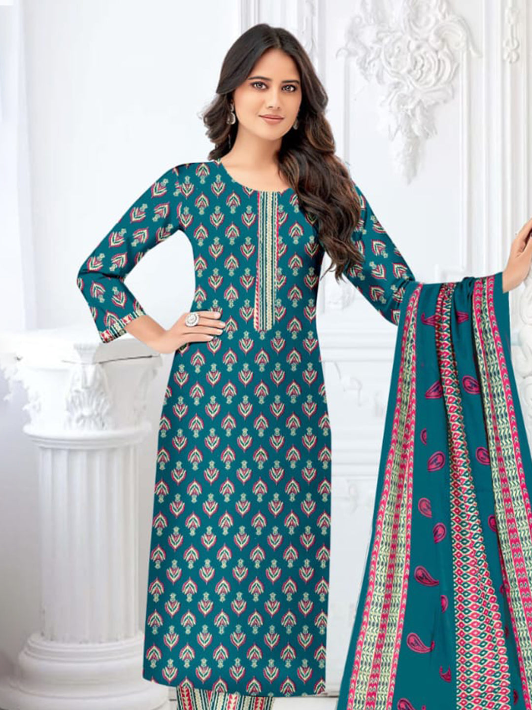 FlexFeb Dress Material 3 Piece Cotton Printed Unstitched Top Bottom Dupatta Venice Blue Design