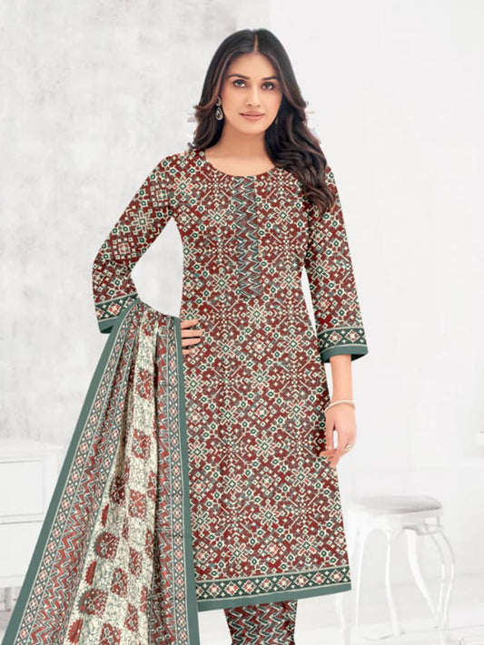 FlexFeb Dress Material 3 Piece Cotton Printed Unstitched Top Bottom Dupatta Brown and Green Ironstone Rust Design