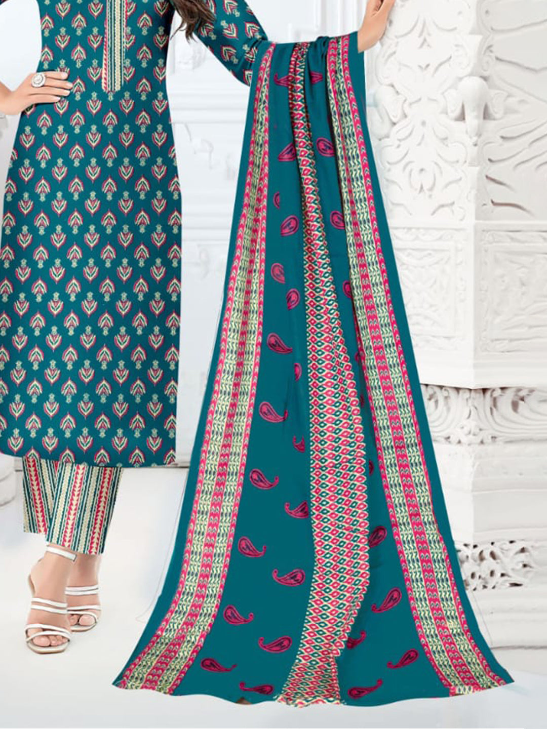 FlexFeb Dress Material 3 Piece Cotton Printed Unstitched Top Bottom Dupatta Venice Blue Design