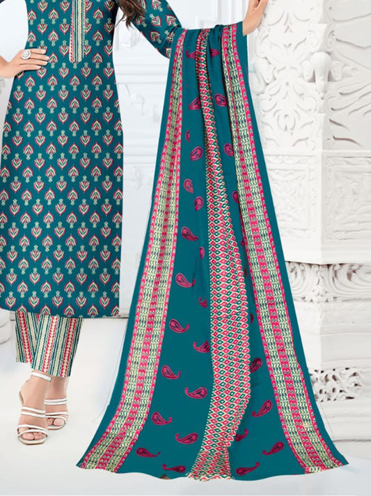 FlexFeb Dress Material 3 Piece Cotton Printed Unstitched Top Bottom Dupatta Venice Blue Design
