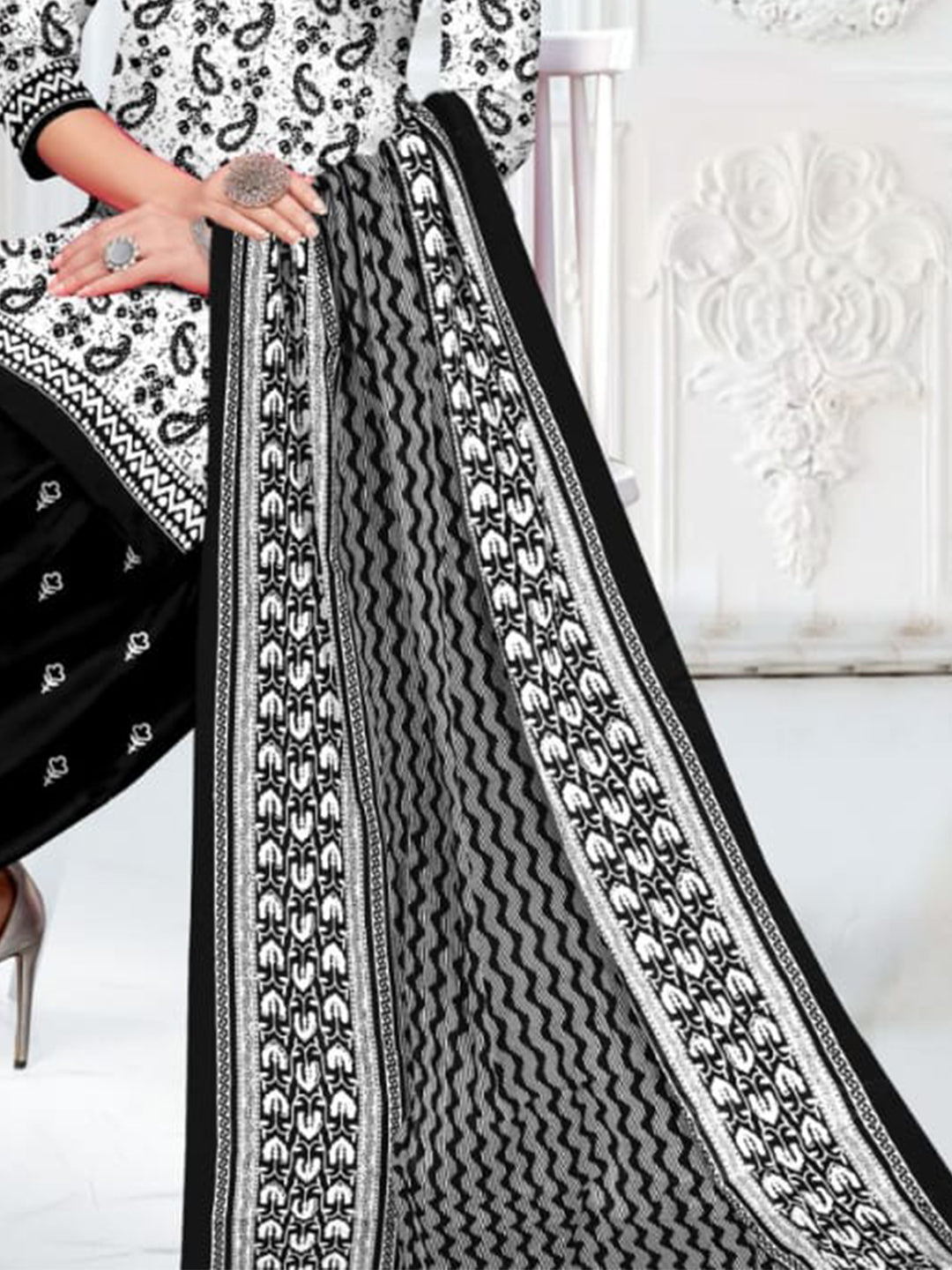FlexFeb Dress Material 3 Piece Cotton Printed Unstitched Top Bottom Dupatta Black and White Design