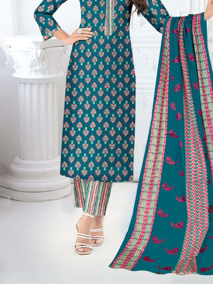 FlexFeb Dress Material 3 Piece Cotton Printed Unstitched Top Bottom Dupatta Venice Blue Design