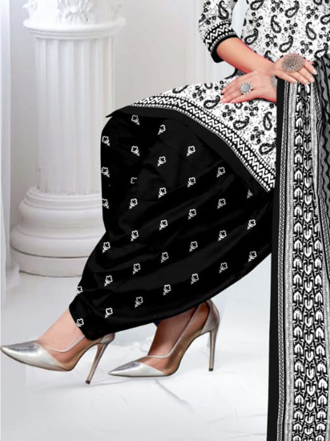 FlexFeb Dress Material 3 Piece Cotton Printed Unstitched Top Bottom Dupatta Black and White Design