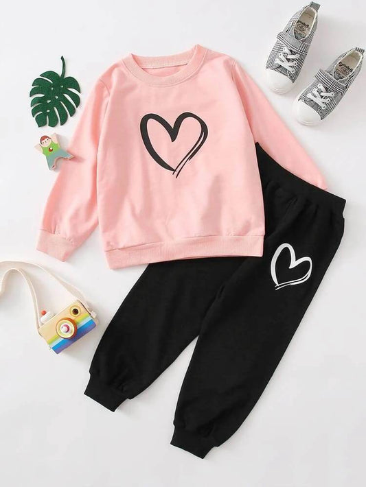 Flex Feb Stylish Sweatshirt & Jogger Suit Set for Kids - Heart Print Comfortable & Trendy Outfit for Boys and Girls
