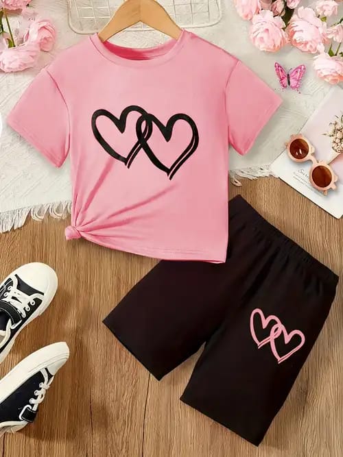 Flex Feb Adorable T-Shirt & Shorts Set for Kids - "Heart Print" Comfortable & Trendy Summer Outfit for Boys and Girls