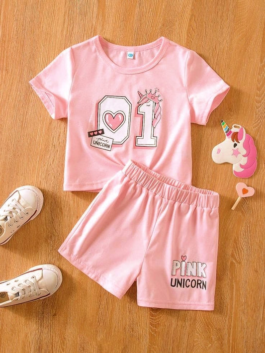 Flex Feb Stylish T-Shirt & Shorts Set for Kids - "Pink Unicorn" Comfortable & Adorable Summer Outfit