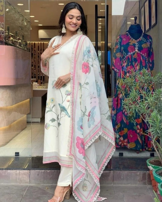 Elegant White Floral Embroidered Cotton Suit Set with Dupatta – V-Neck Kurta & Straight Pants