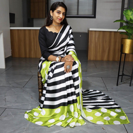 FlexFeb Bold Striped & Polka Dot Satin Saree with Plain Blouse – Soft, Stylish & Modern Drape