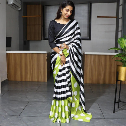 FlexFeb Bold Striped & Polka Dot Satin Saree with Plain Blouse – Soft, Stylish & Modern Drape