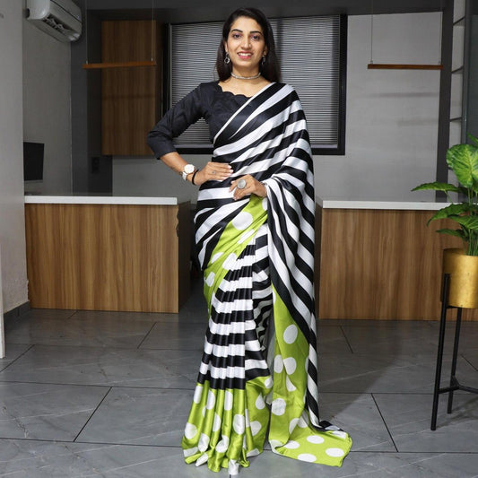 FlexFeb Bold Striped & Polka Dot Satin Saree with Plain Blouse – Soft, Stylish & Modern Drape