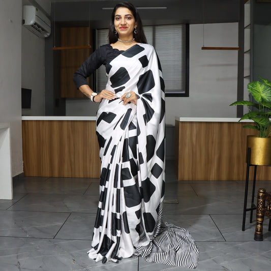 FlexFeb Monochrome Abstract Print Satin Saree with Plain Blouse – Elegant & Contemporary Style