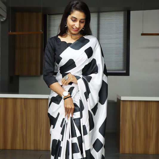 FlexFeb Monochrome Abstract Print Satin Saree with Plain Blouse – Elegant & Contemporary Style
