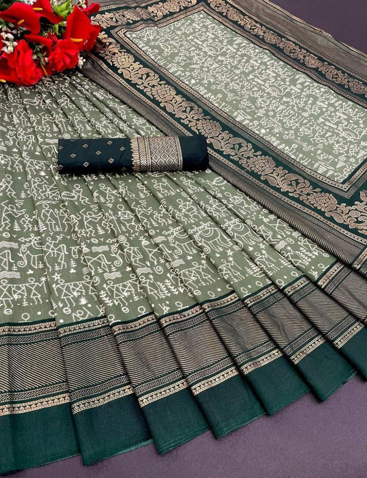 FlexFeb Soft Tussar Silk Saree in Olive Green with Dark Green Border & Traditional Warli Print Design