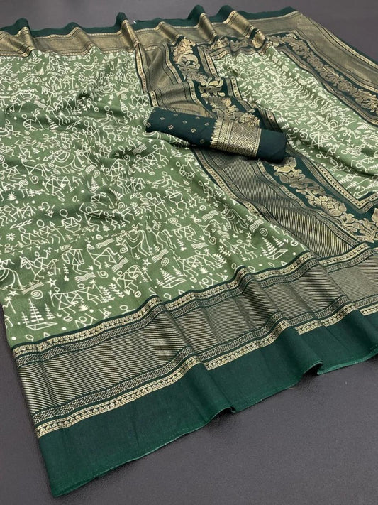 FlexFeb Soft Tussar Silk Saree in Olive Green with Dark Green Border & Traditional Warli Print Design