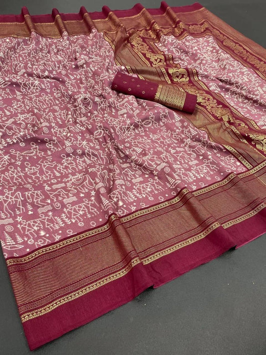 FlexFeb Soft Tussar Silk Saree in Wine Pink with Maroon Border & Traditional Warli Print Design