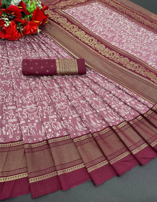 FlexFeb Soft Tussar Silk Saree in Wine Pink with Maroon Border & Traditional Warli Print Design