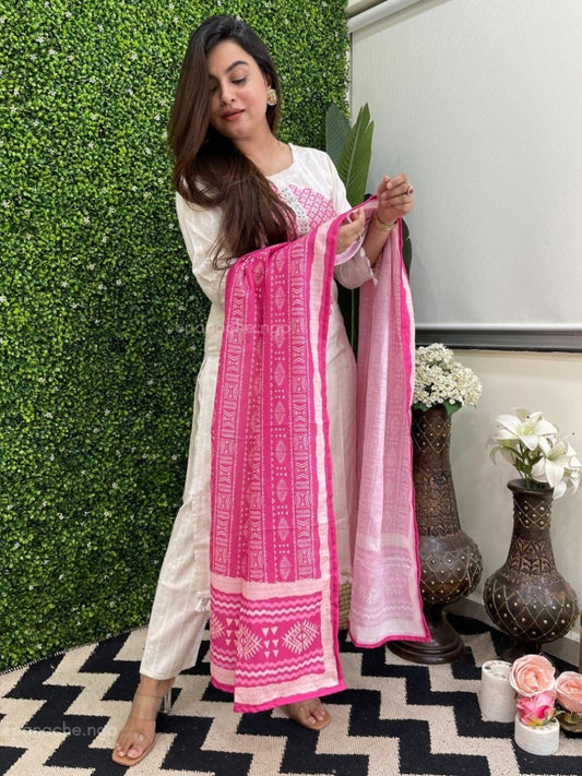 FlexFeb Elegant Vertigan Rayon White & Pink 3-Piece Suit Set for Women Embroidered Kurta with Printed Dupatta & Pants Stylish Ethnic Wear